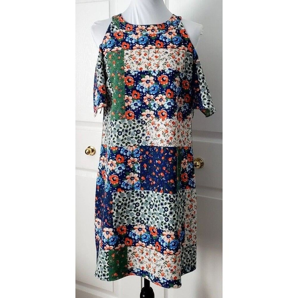 C. Womens Size S Cold Shoulder Floral Dress Keyhole Back Slit Sleeve Sheath EUC